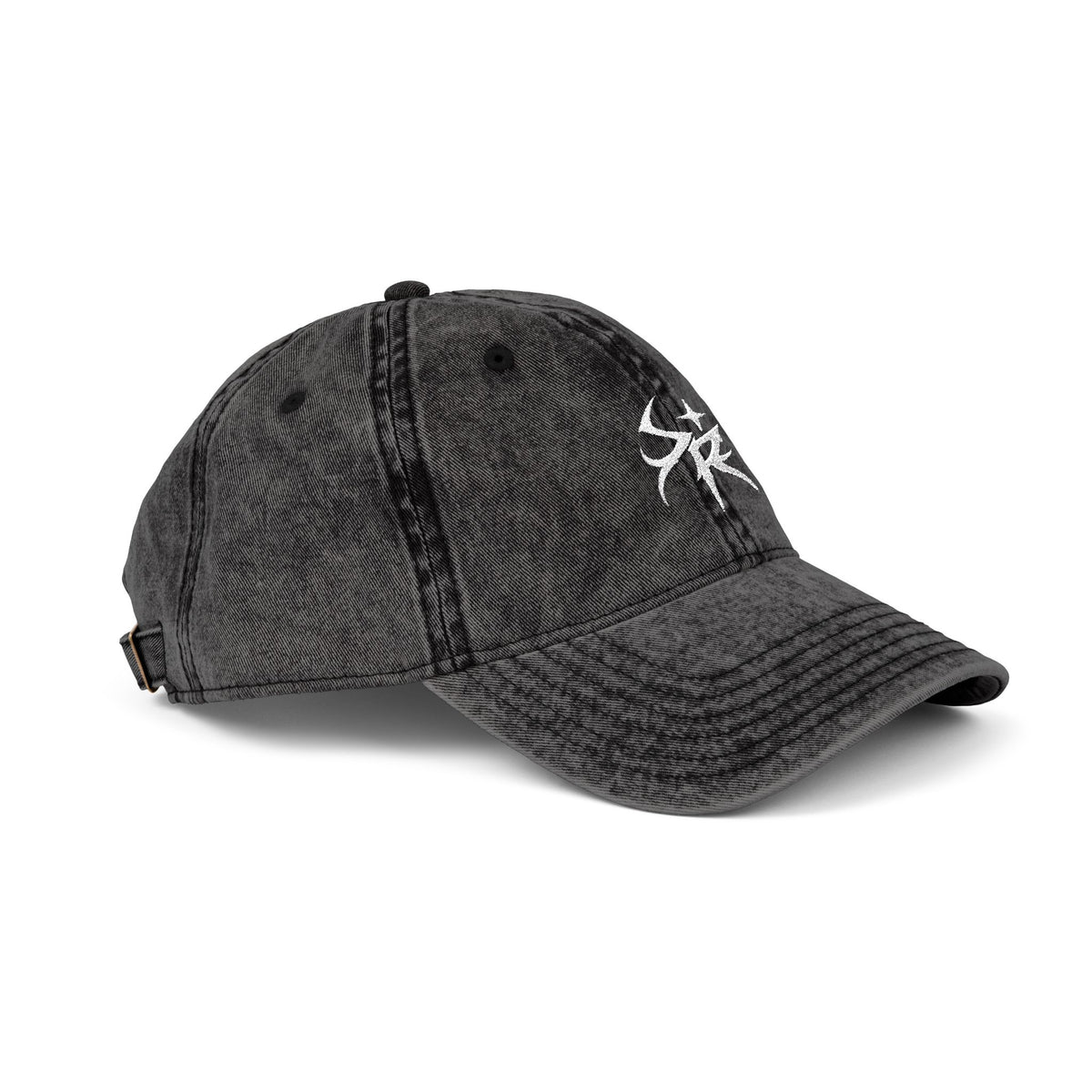 Washed Black Embroidered Vintage Cap — Distressed 'SR' Logo Hat