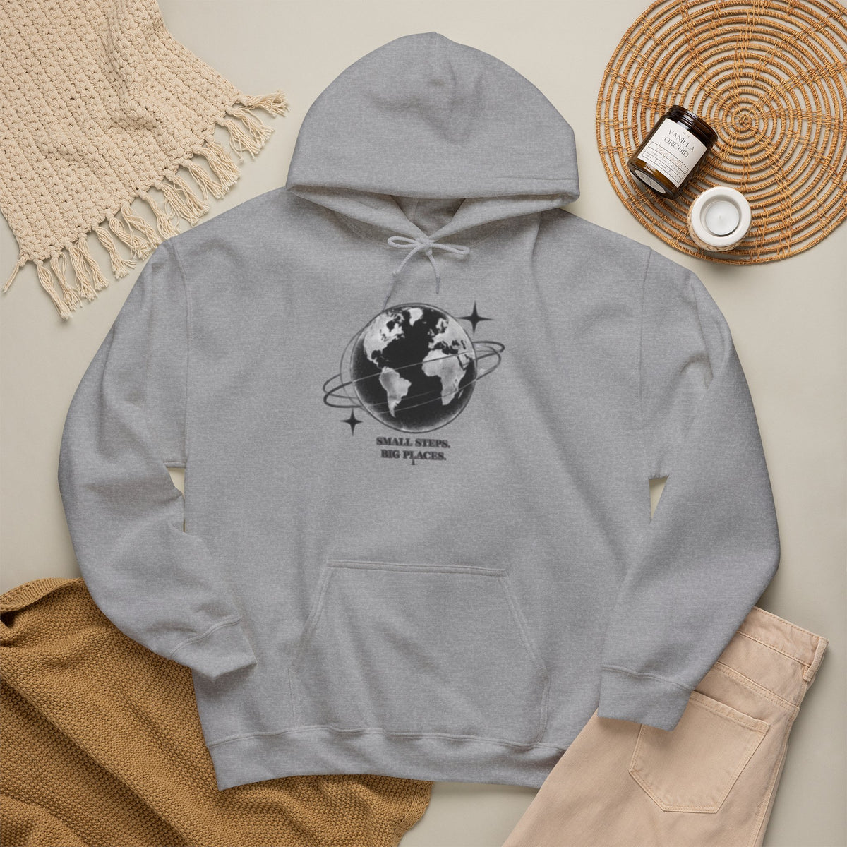 Hoodie — Earth Illustration "Small Steps, Big Places" Eco Travel Sweatshirt