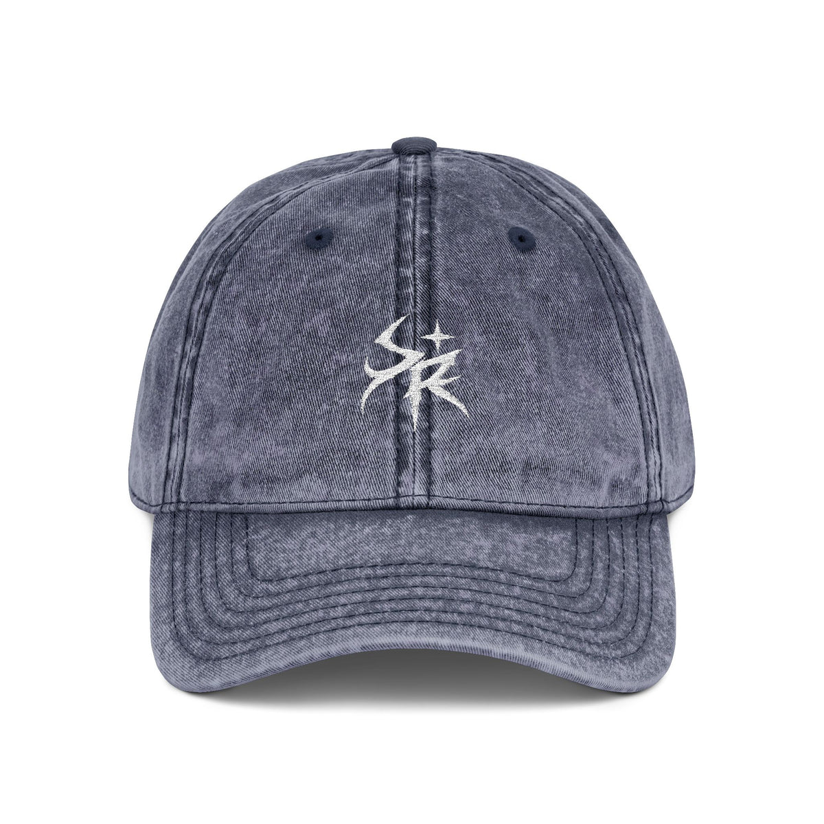 Washed Black Embroidered Vintage Cap — Distressed 'SR' Logo Hat