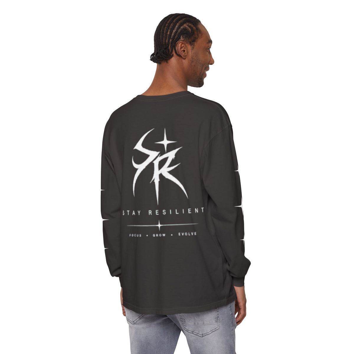 SR -- Unisex Garment-dyed Long Sleeve T-Shirt With Minimal Stars On Sleeves