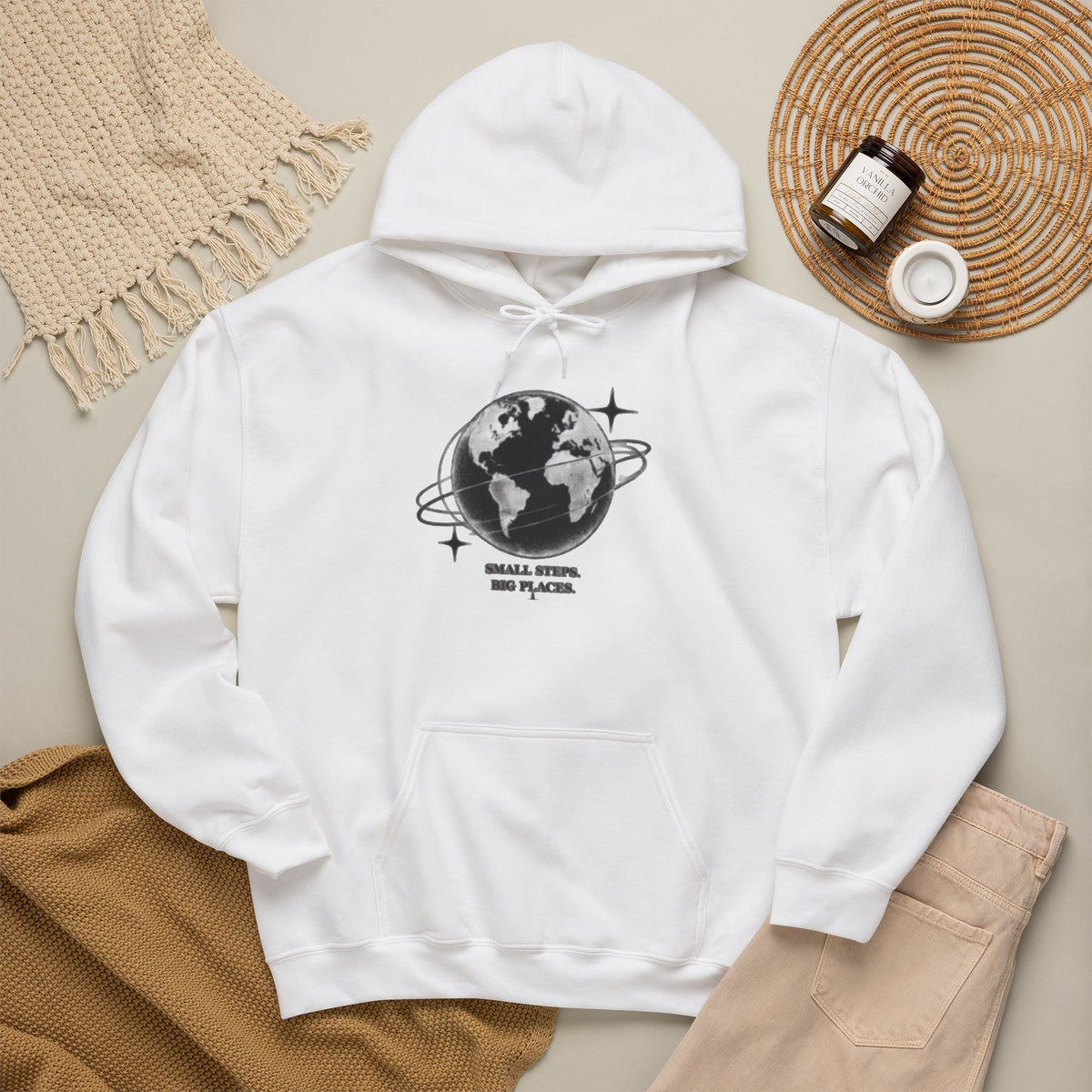 Hoodie — Earth Illustration "Small Steps, Big Places" Eco Travel Sweatshirt