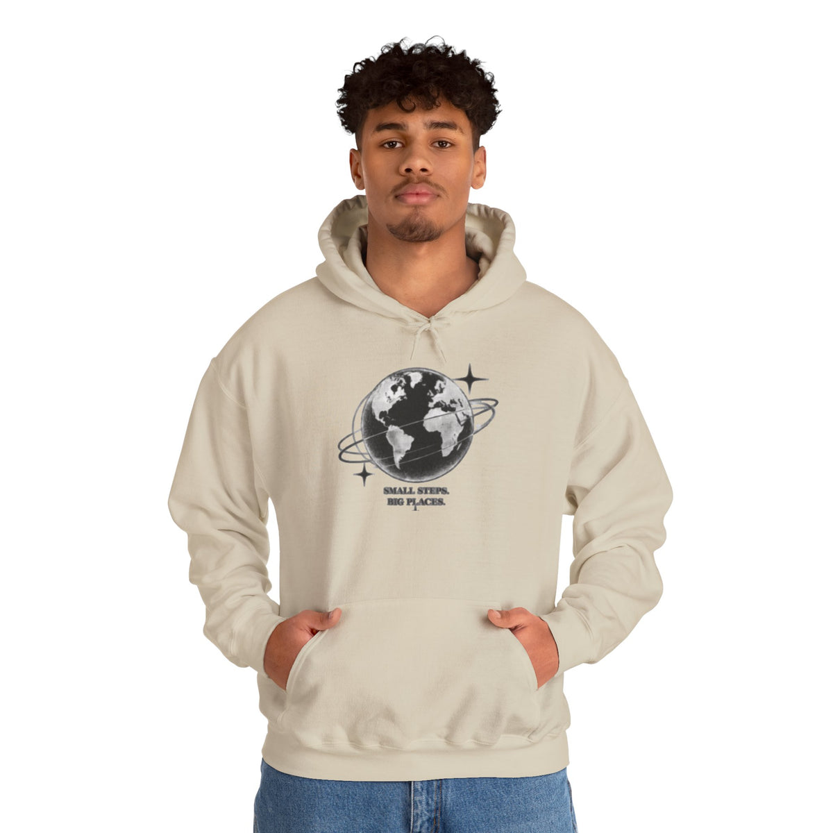 Hoodie — Earth Illustration "Small Steps, Big Places" Eco Travel Sweatshirt