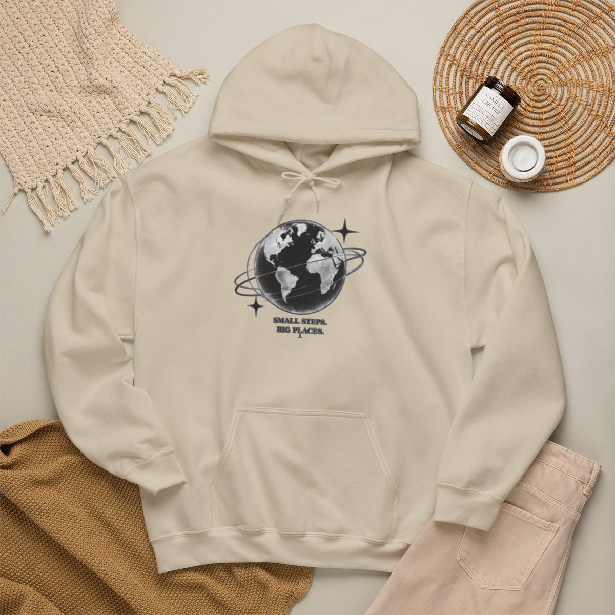 Hoodie — Earth Illustration "Small Steps, Big Places" Eco Travel Sweatshirt