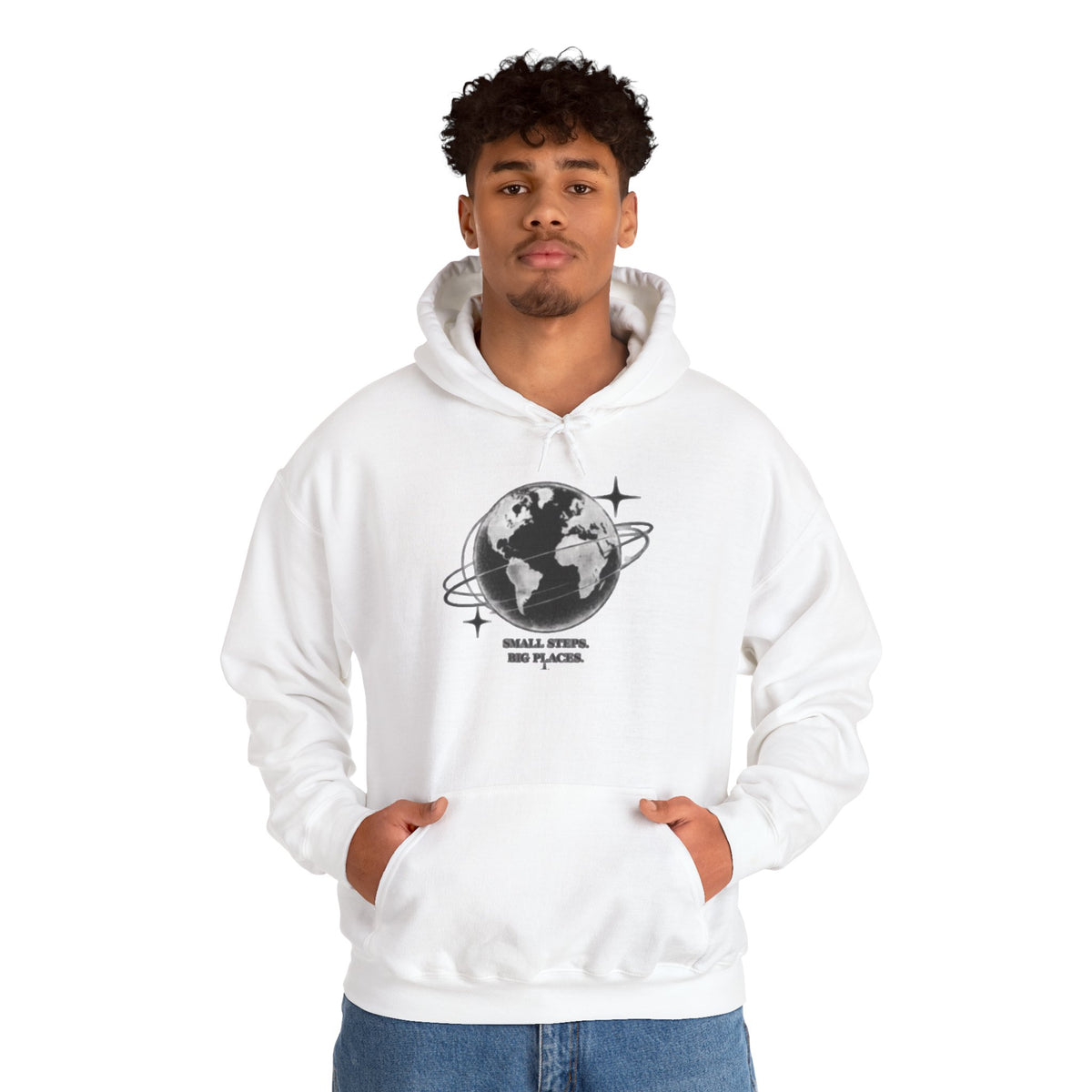 Hoodie — Earth Illustration "Small Steps, Big Places" Eco Travel Sweatshirt