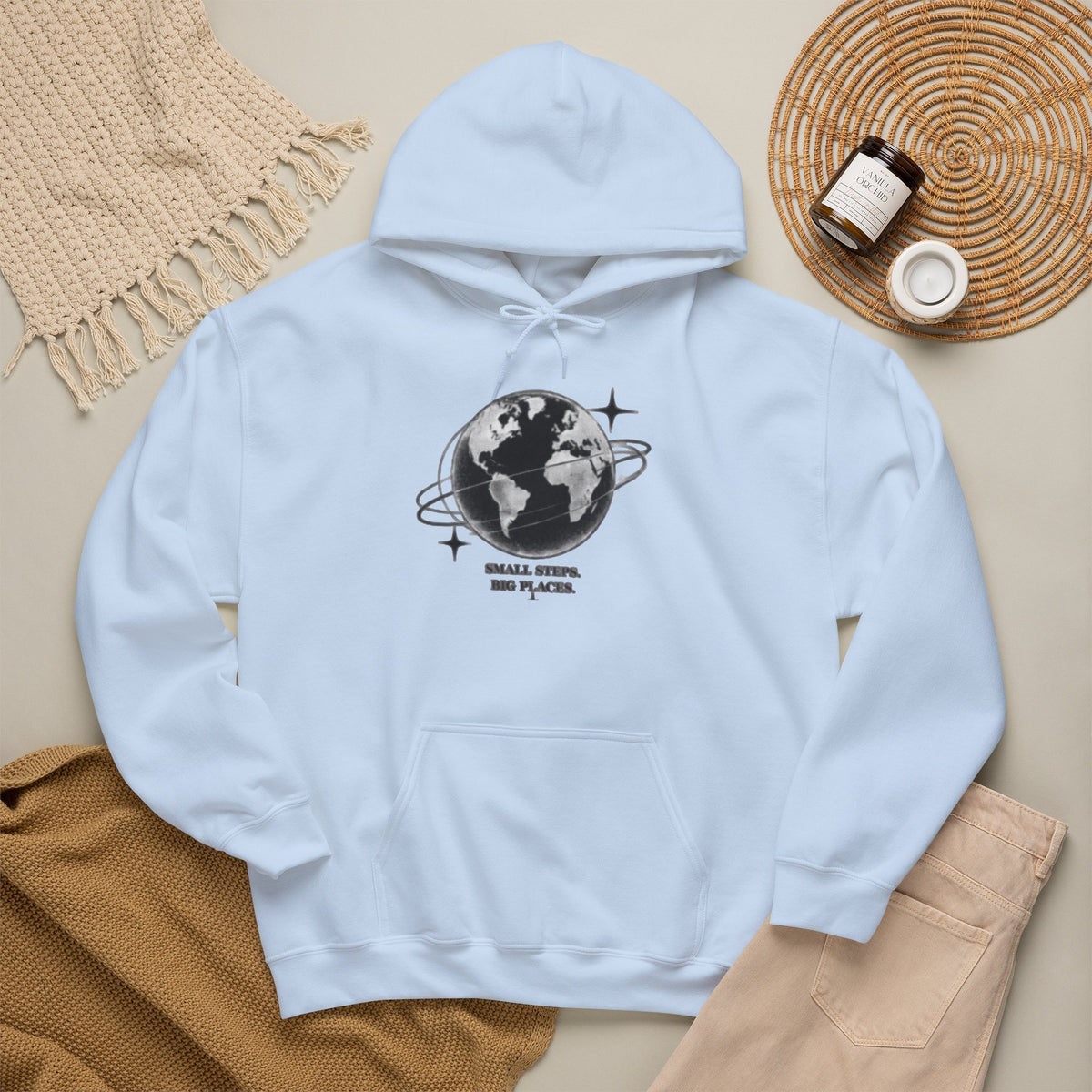 Hoodie — Earth Illustration "Small Steps, Big Places" Eco Travel Sweatshirt