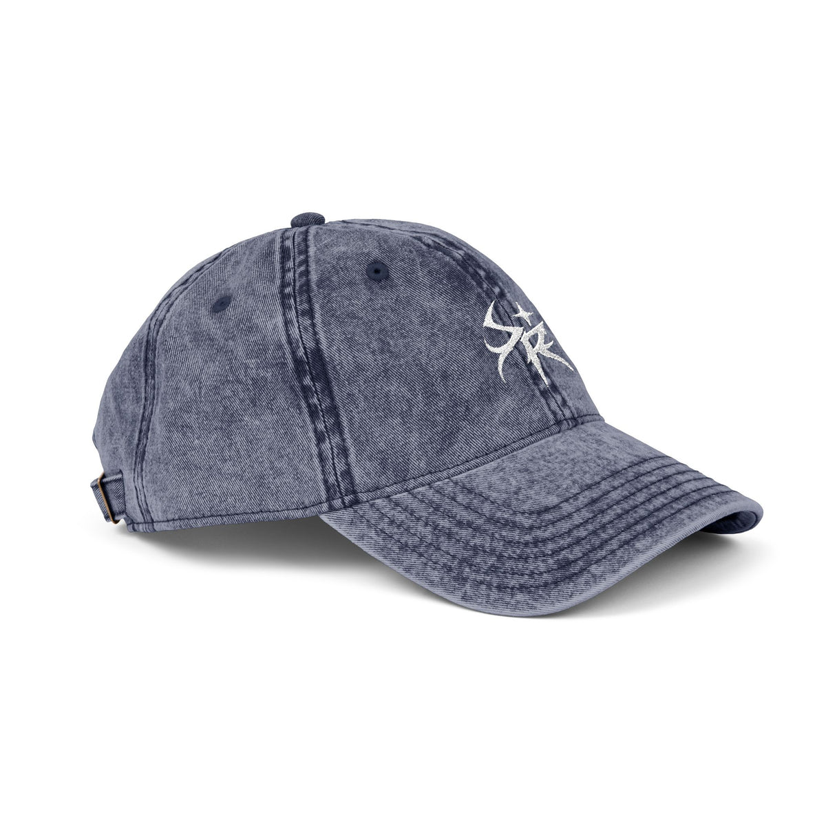 Washed Black Embroidered Vintage Cap — Distressed 'SR' Logo Hat