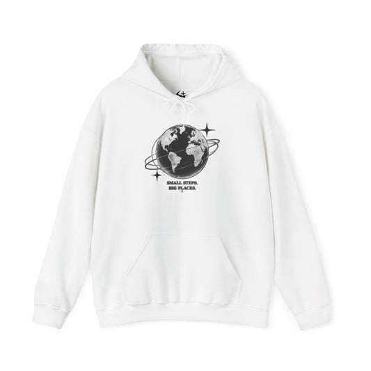 Hoodie — Earth Illustration "Small Steps, Big Places" Eco Travel Sweatshirt