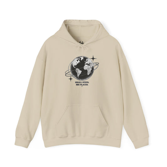 Hoodie — Earth Illustration "Small Steps, Big Places" Eco Travel Sweatshirt