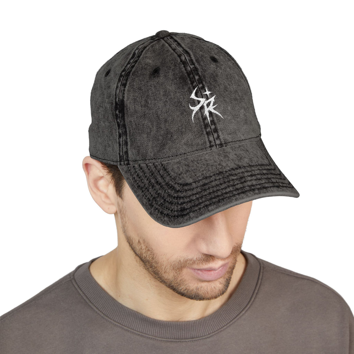 Washed Black Embroidered Vintage Cap — Distressed 'SR' Logo Hat