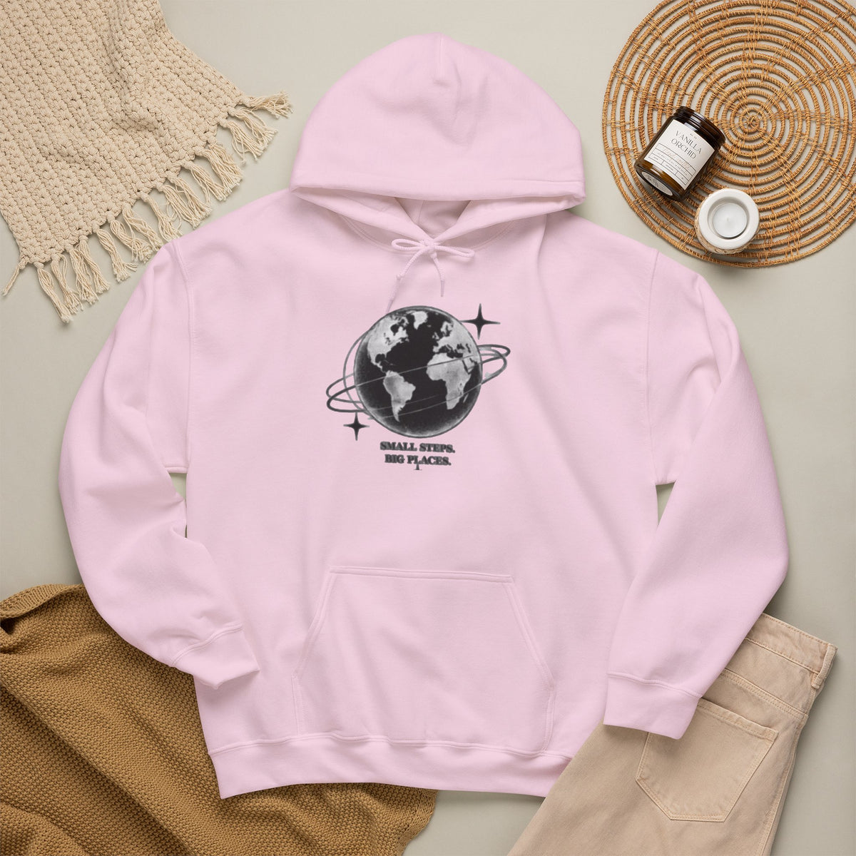 Hoodie — Earth Illustration "Small Steps, Big Places" Eco Travel Sweatshirt
