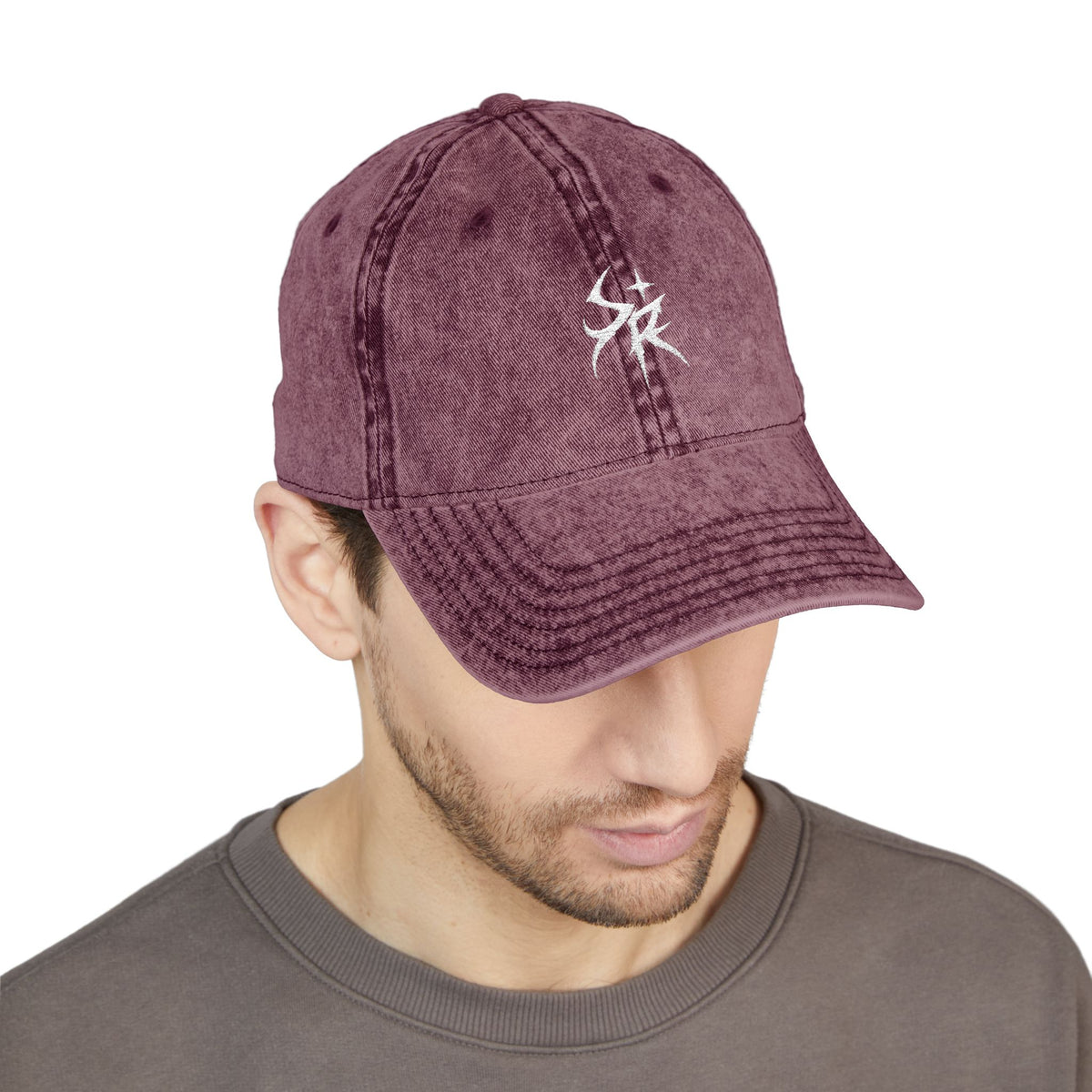 Washed Black Embroidered Vintage Cap — Distressed 'SR' Logo Hat