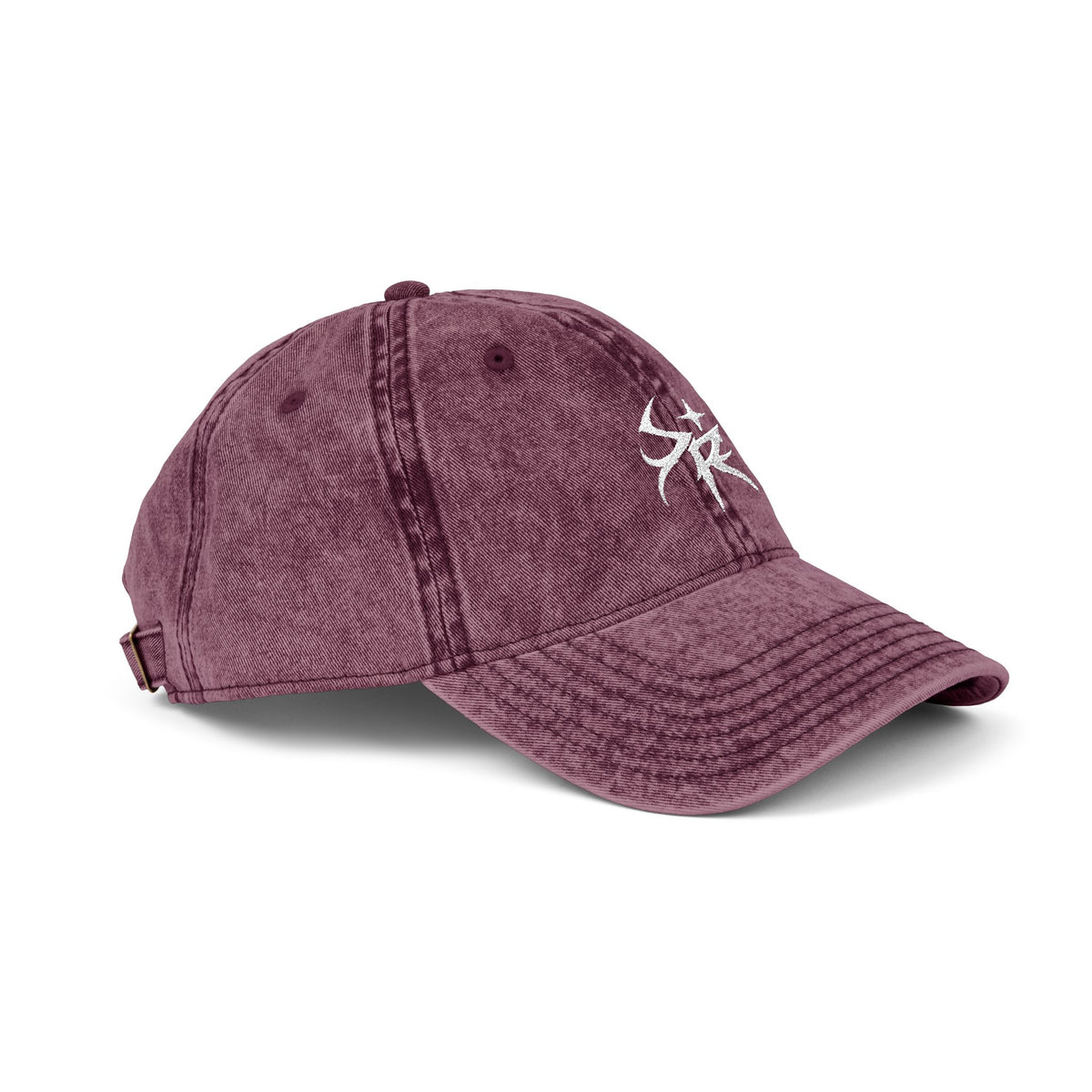 Washed Black Embroidered Vintage Cap — Distressed 'SR' Logo Hat