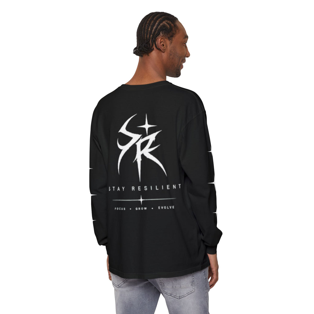 SR -- Unisex Garment-dyed Long Sleeve T-Shirt With Minimal Stars On Sleeves