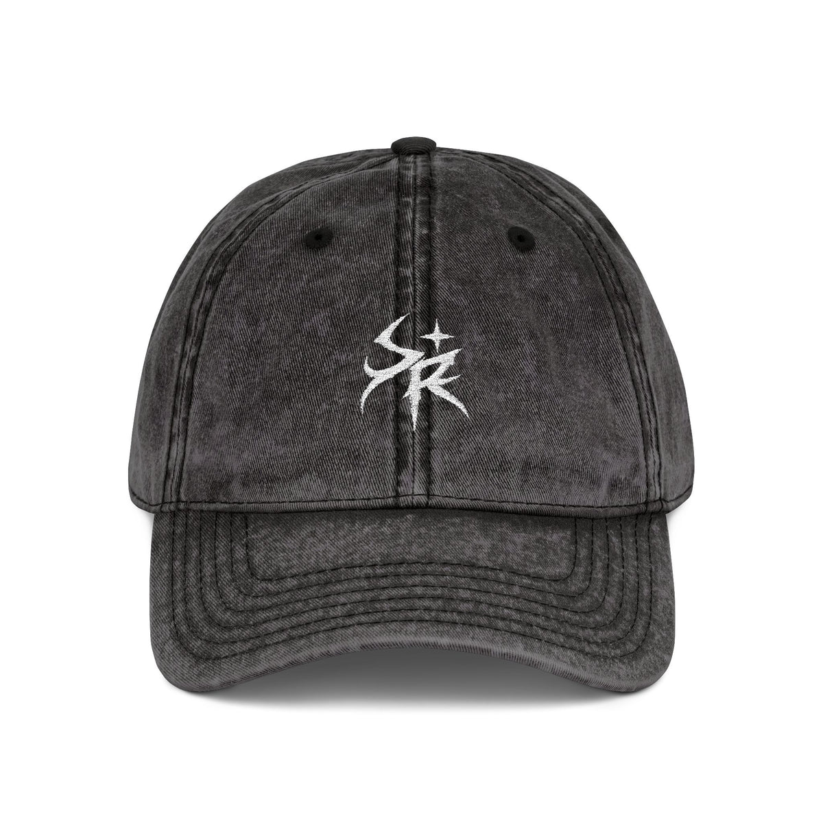 Washed Black Embroidered Vintage Cap — Distressed 'SR' Logo Hat