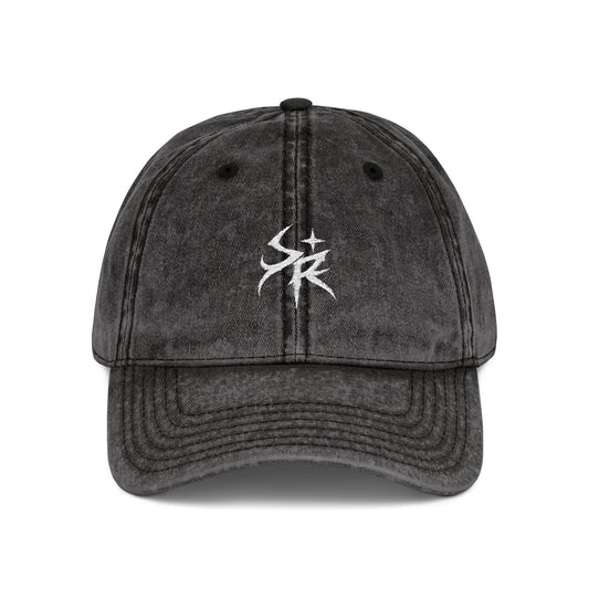 Washed Black Embroidered Vintage Cap — Distressed 'SR' Logo Hat