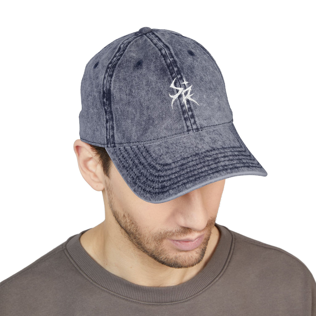 Washed Black Embroidered Vintage Cap — Distressed 'SR' Logo Hat