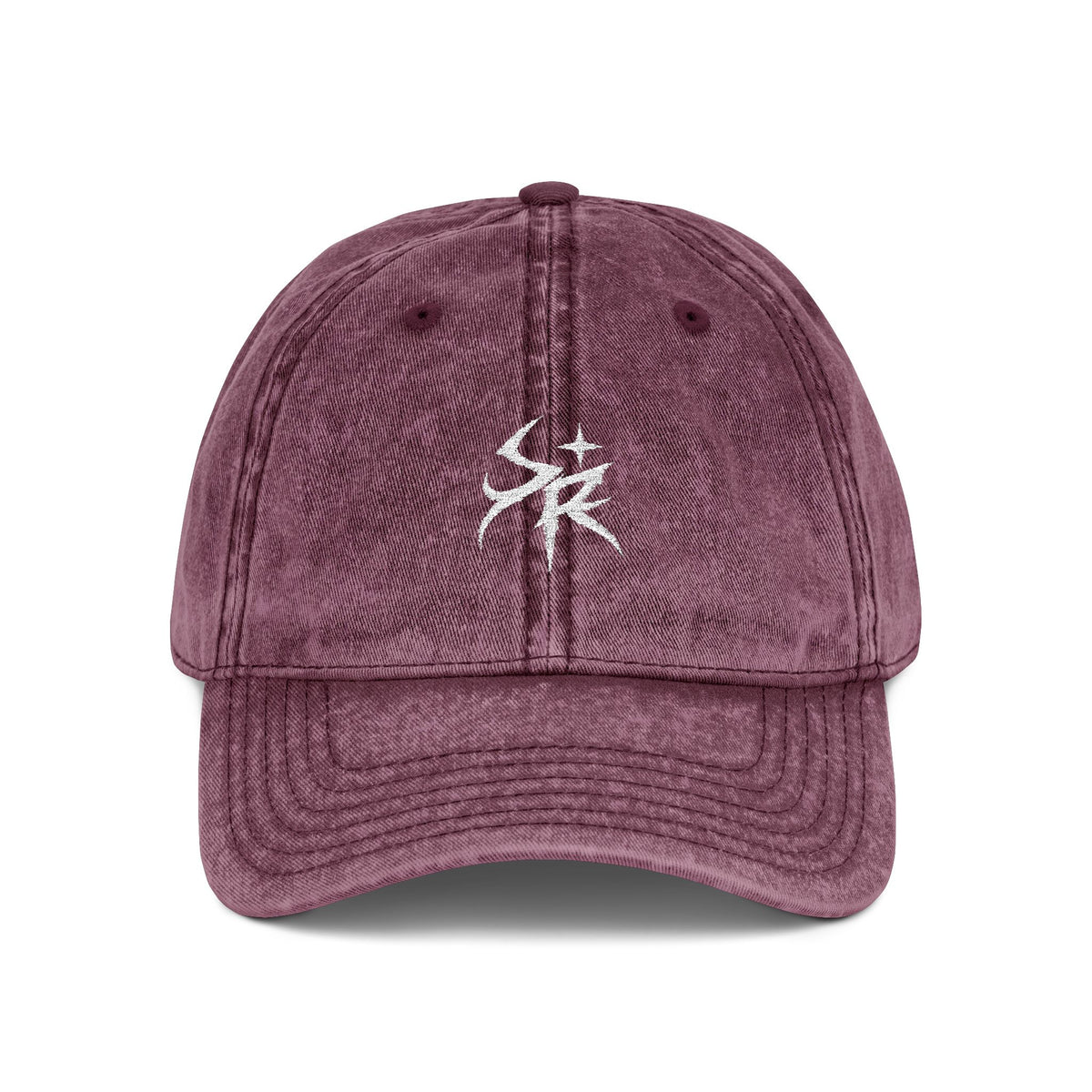 Washed Black Embroidered Vintage Cap — Distressed 'SR' Logo Hat